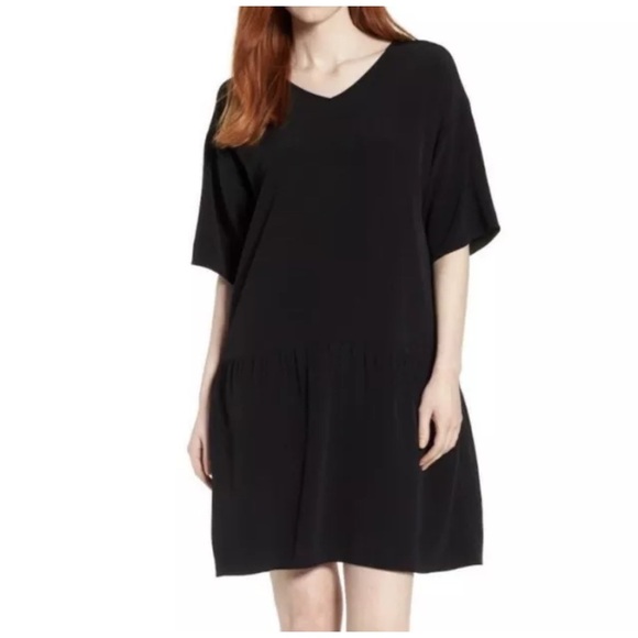 Eileen Fisher Drop Waist Tencel Lyocell Blend Dress Black V-neck Minimalist L - Picture 1 of 11